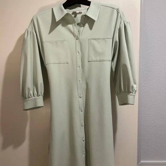 CINQ À SEPT Stacey Gathered Stretch-Crepe Shirt Dress Size 8 Pastel Green - Picture 5 of 8